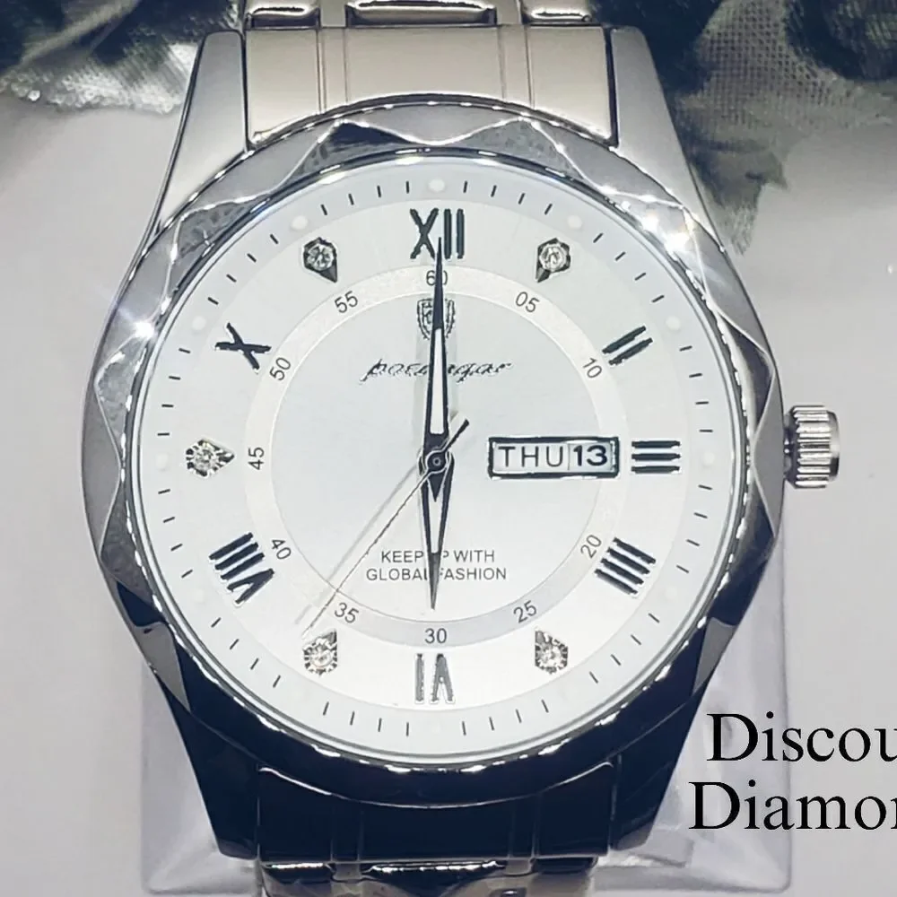 Men's White and Silver Poedagar Quartz Watch with Stainless Steel Ba…